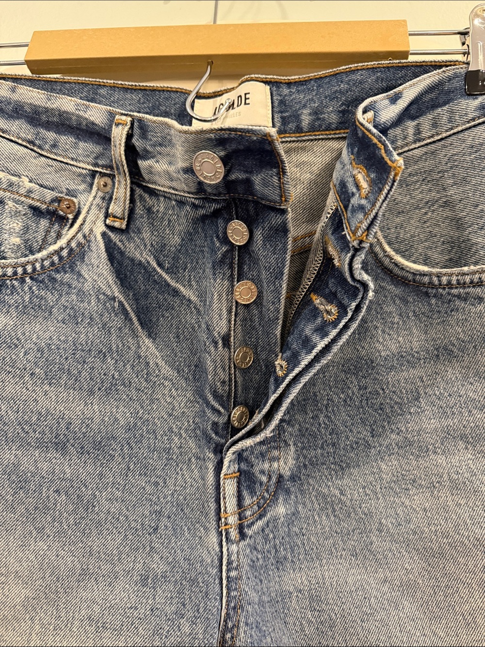Agolde Washed Blue Frayed Hem Denim Shorts - Picture 2 of 5